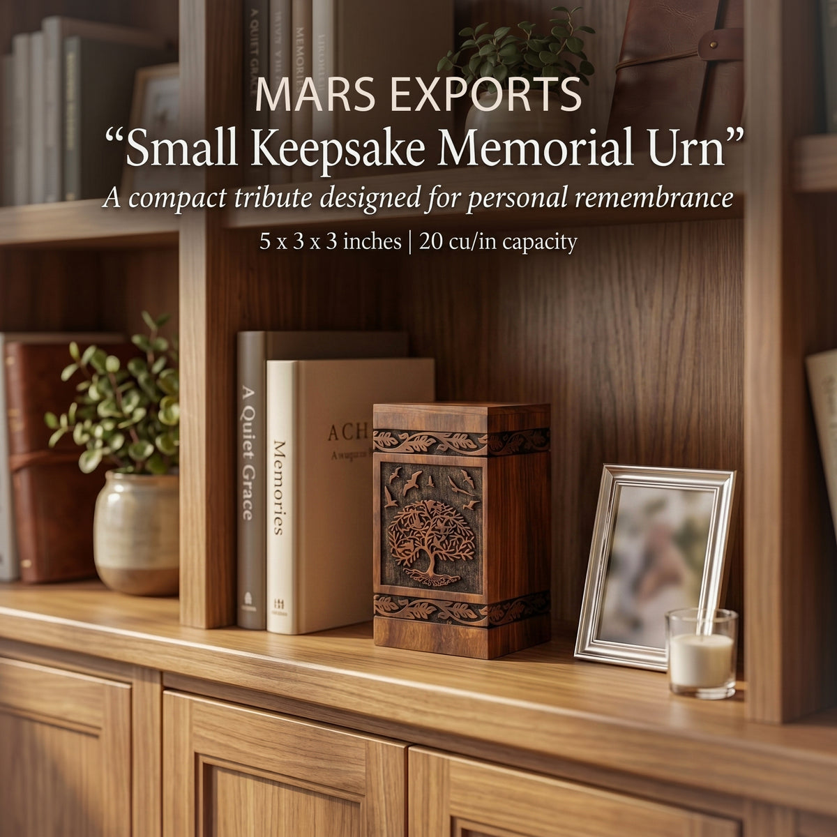 Small keepsake urn for ashes displayed in a remembrance space