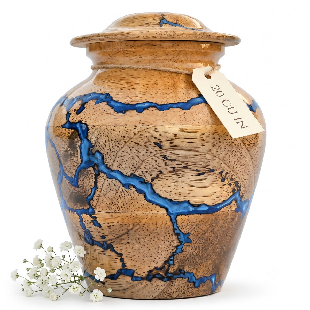 20 cubic inch mango wood keepsake urn with blue resin design
