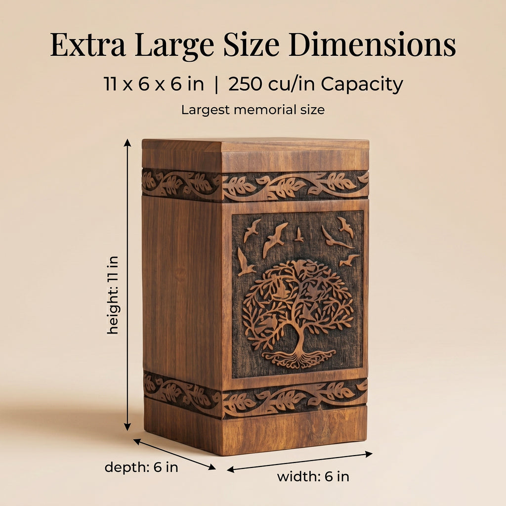 Tree of Life and birds memorial urn with natural rosewood grain