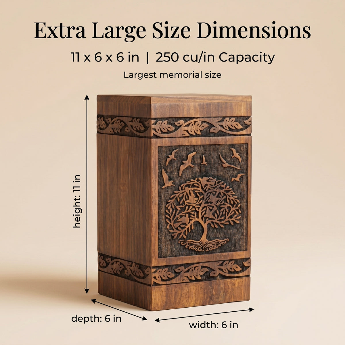 Tree of Life and birds memorial urn with natural rosewood grain