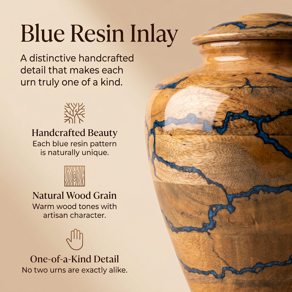 200 Cu In Wooden Memorial Urn with Blue Resin