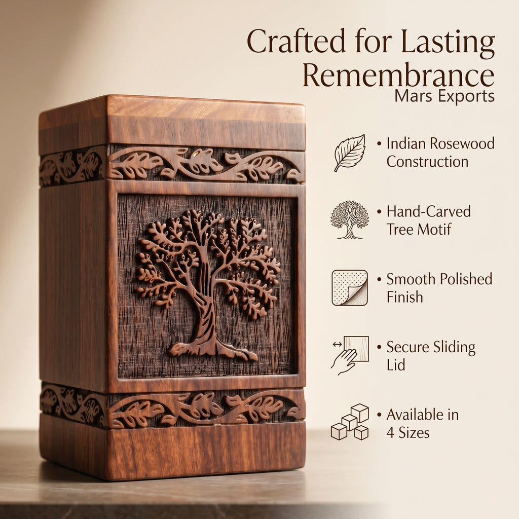 Medium wooden memorial urn with natural grain and decorative detailing