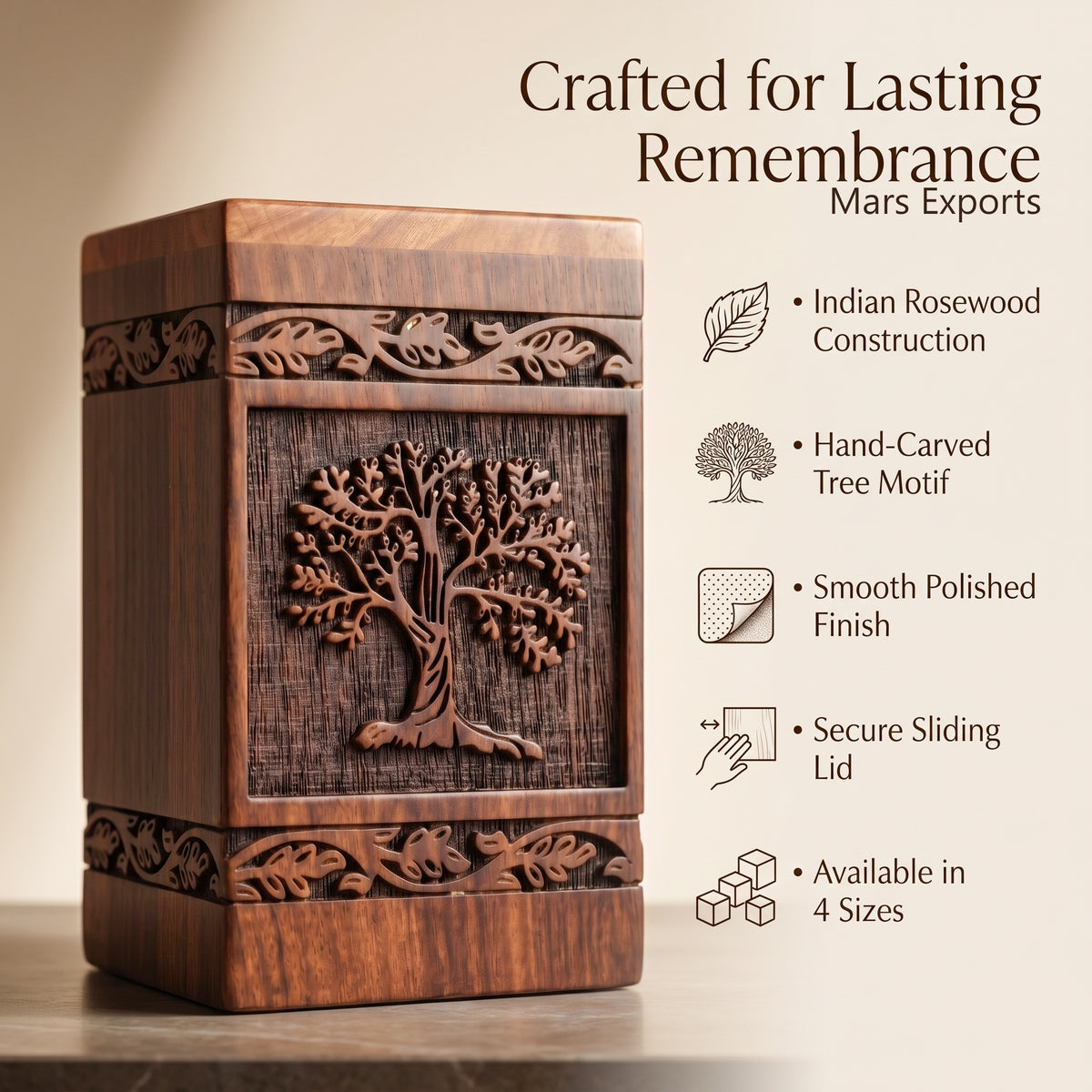 Medium wooden memorial urn with natural grain and decorative detailing