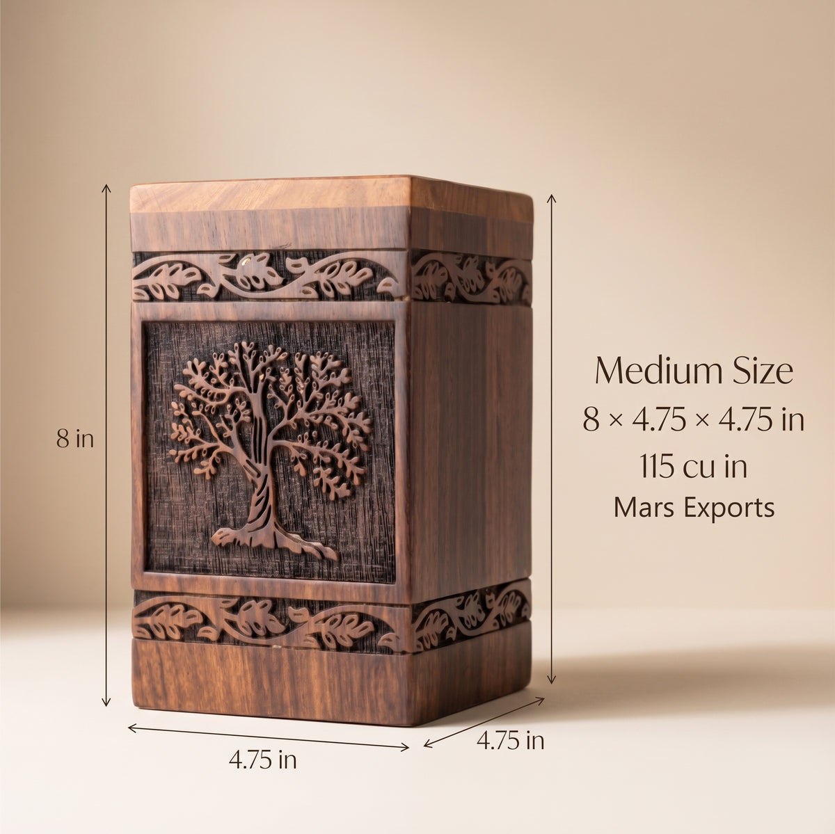 Wooden 115 cu in memorial urn displayed as a dignified remembrance piece