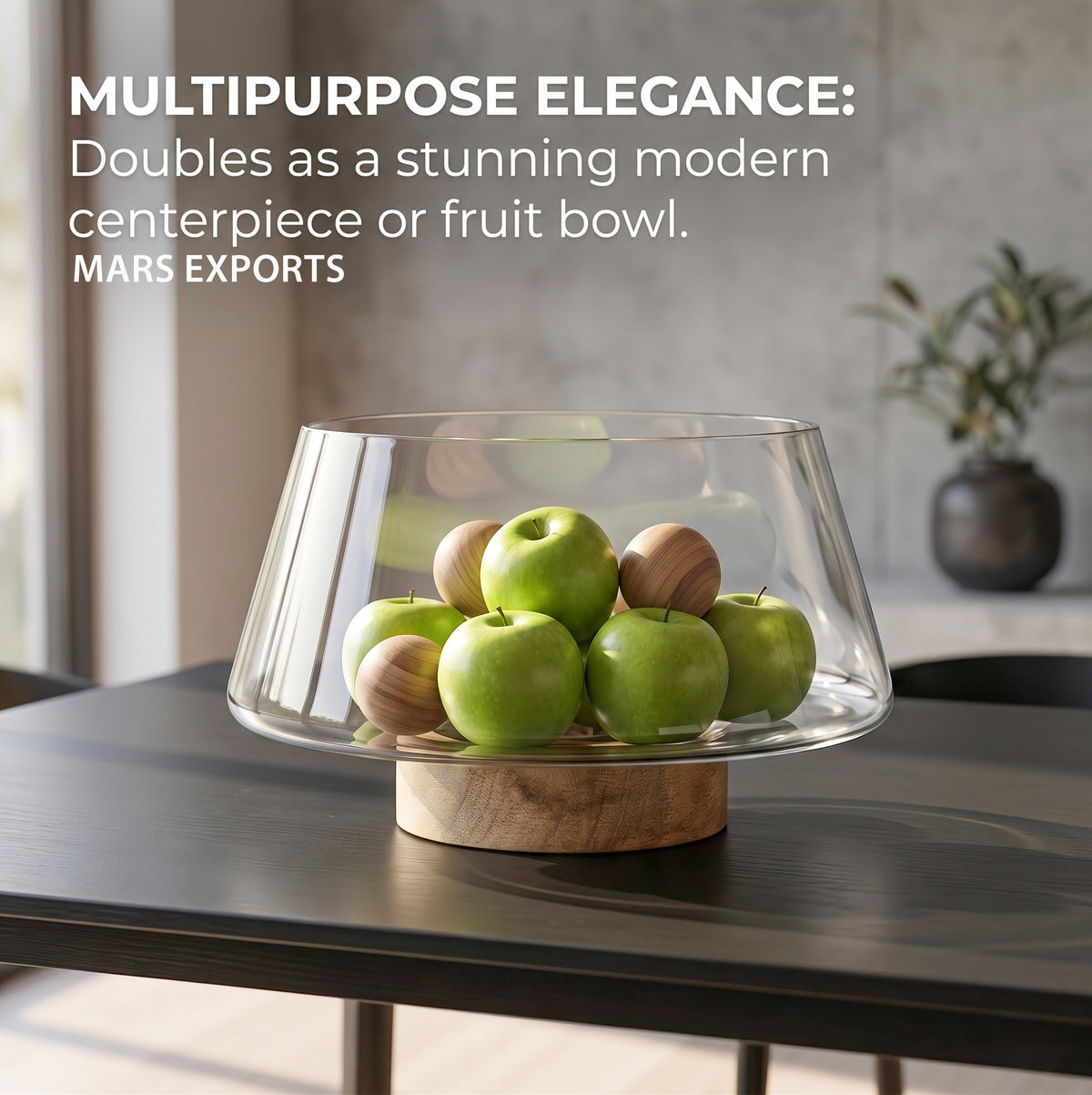 Large Glass Salad Bowl with Mango Wood Base & Serving Spoon – 10 Inch Clear Serving Bowl for Salads, Fruit & Entertaining