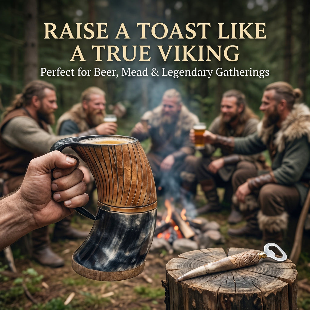 Carved Viking Horn Mug  With Bottl Opener– Natural Ox Horn with Burned Artwork
