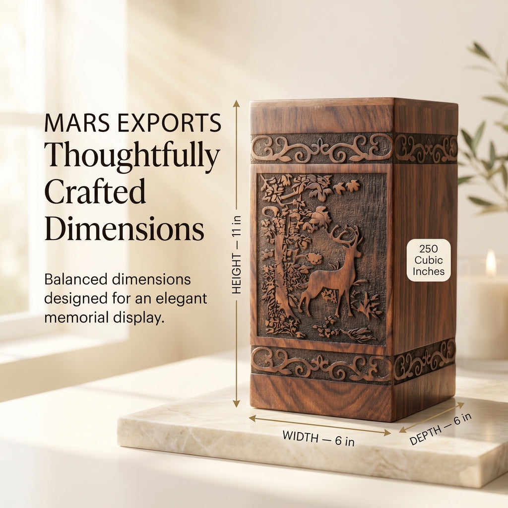 Square 250 cu in memorial urn for human ashes with woodland deer motif
