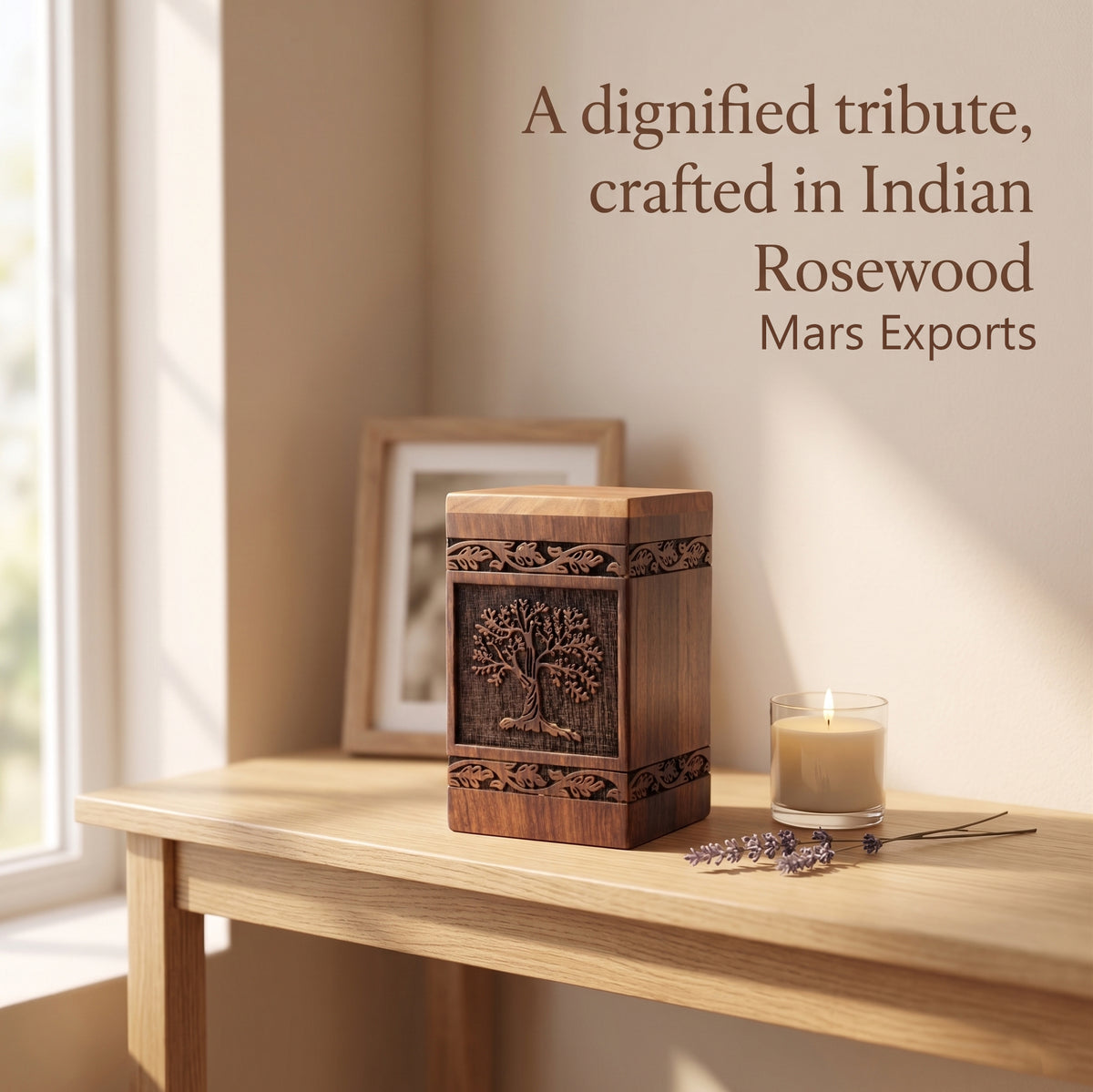 Wooden memorial box with raised Tree of Life symbol and leaf detailing