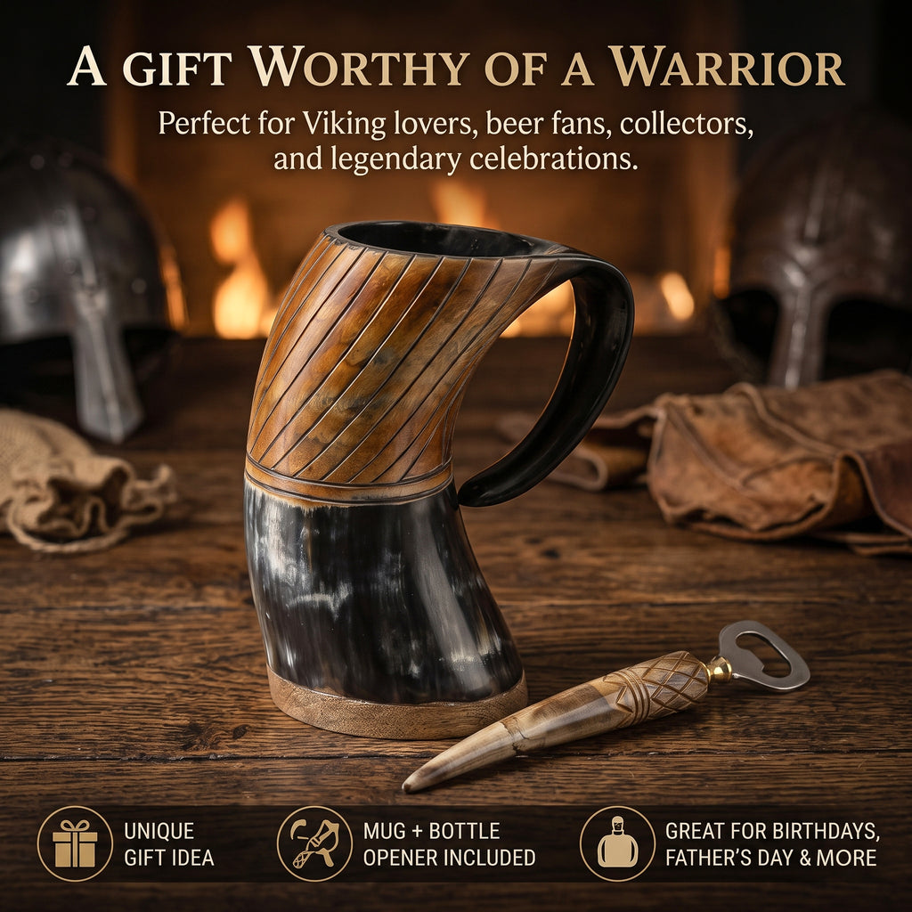 Carved Viking Horn Mug  With Bottl Opener– Natural Ox Horn with Burned Artwork