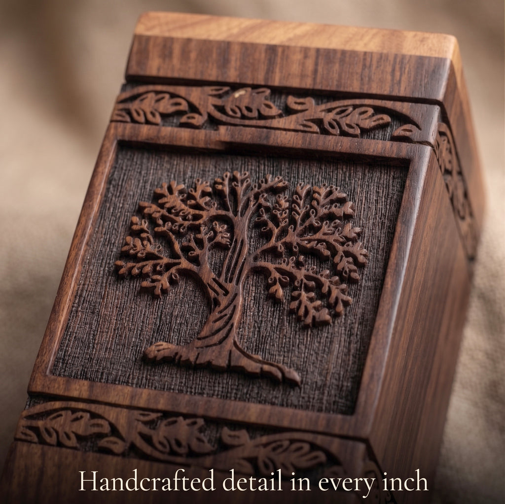 Close-up of handcrafted Tree of Life design on a wooden memorial urn