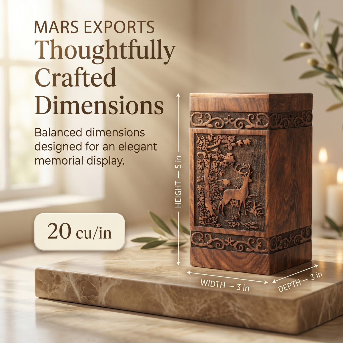 Compact wooden cremation keepsake urn with nature-inspired deer motif
