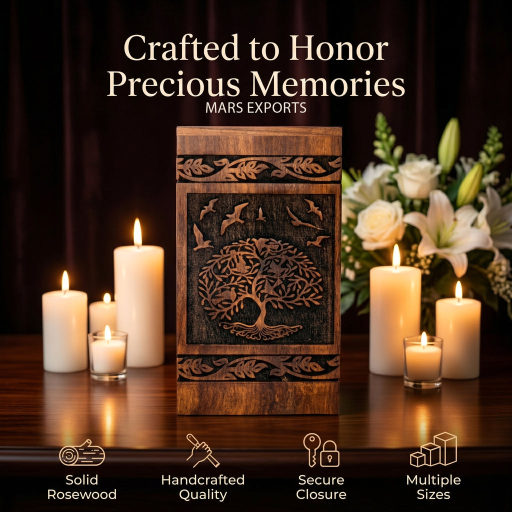 Handcrafted rosewood cremation urn with decorative Tree of Life motif