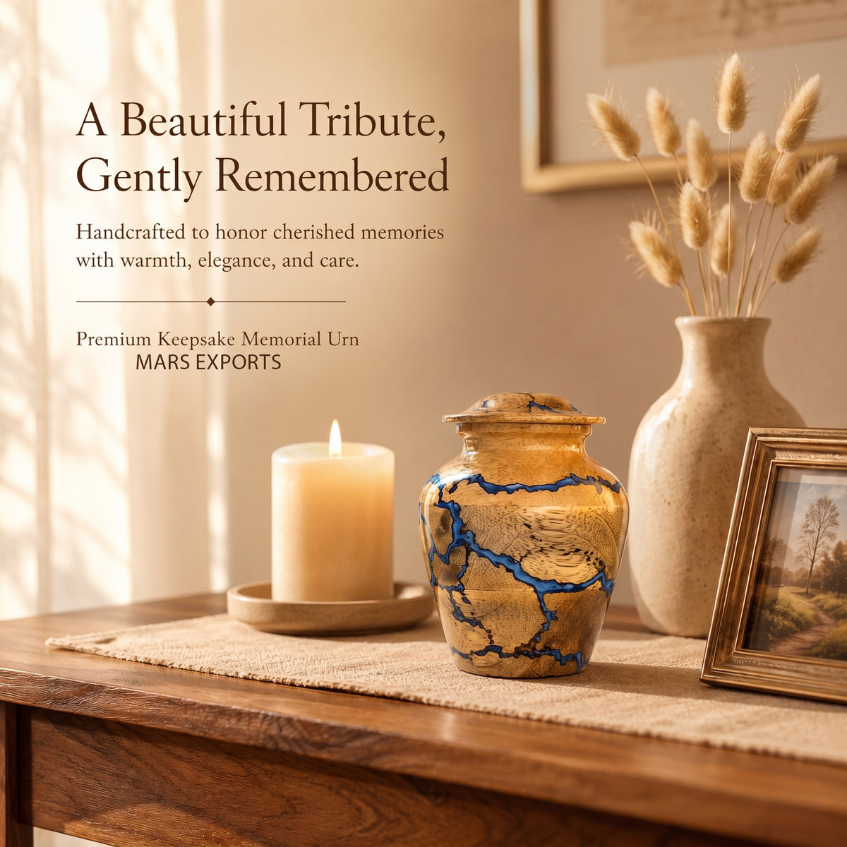 20 cubic inch blue resin keepsake urn with natural wooden finish