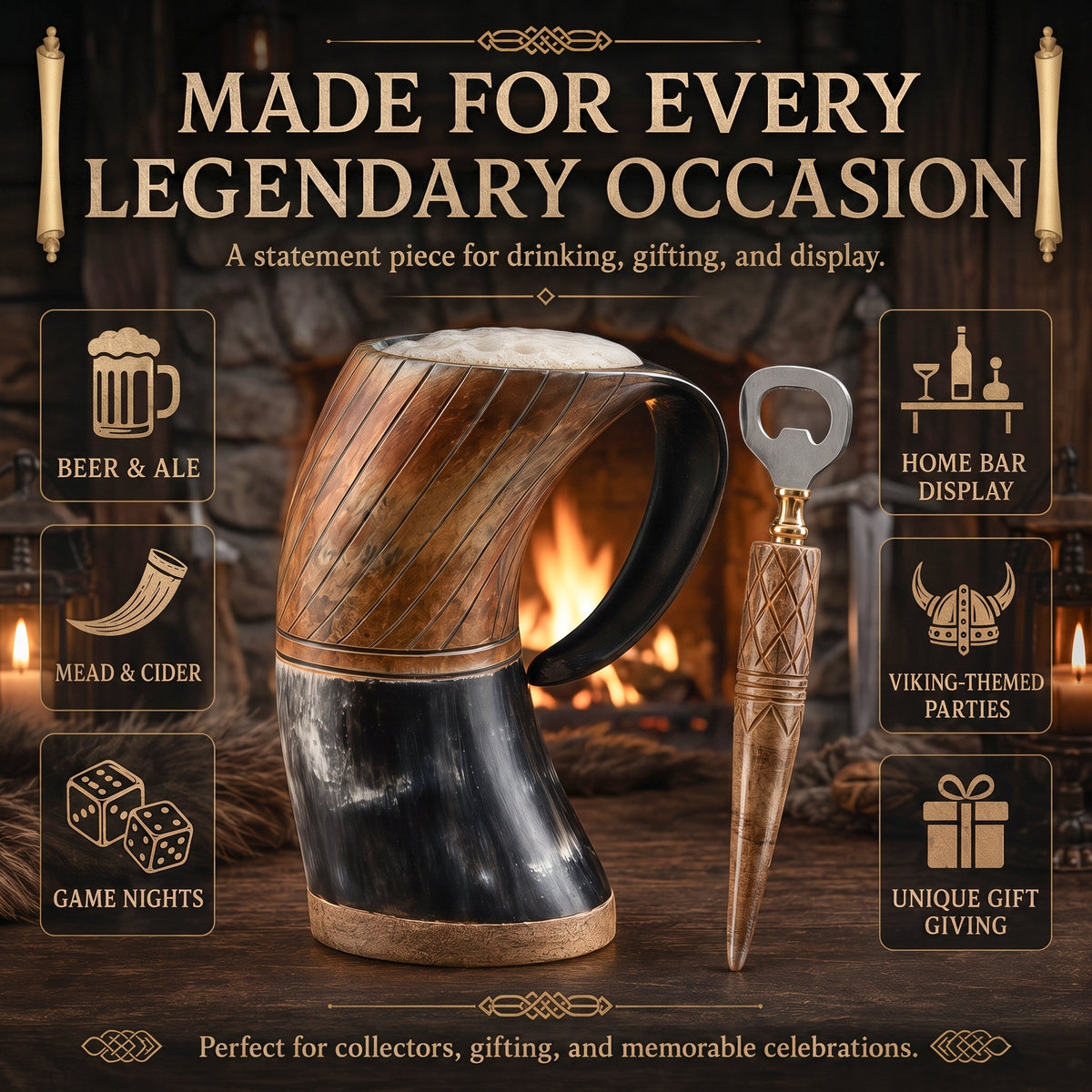 Carved Viking Horn Mug  With Bottl Opener– Natural Ox Horn with Burned Artwork