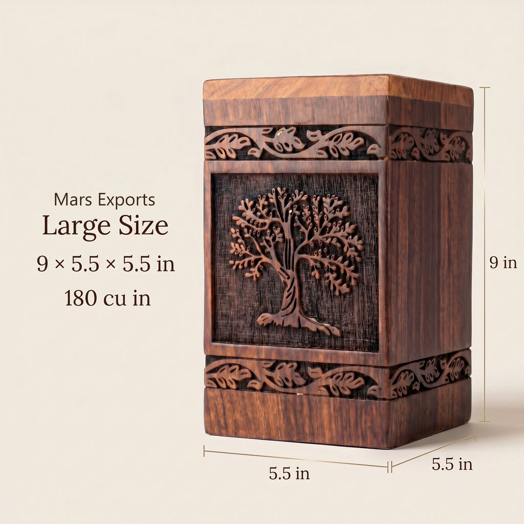 Large square cremation urn with detailed Tree of Life motif