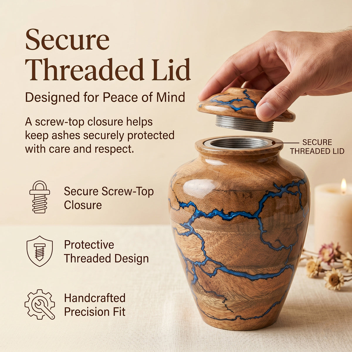 100 cu in wooden memorial urn with secure threaded lid
