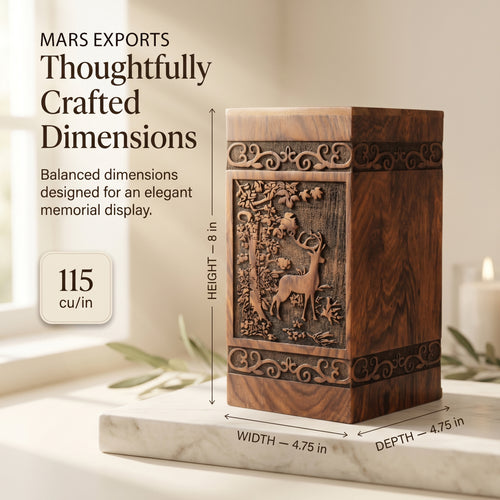 Medium wooden cremation urn with deer engraving and natural rosewood grain