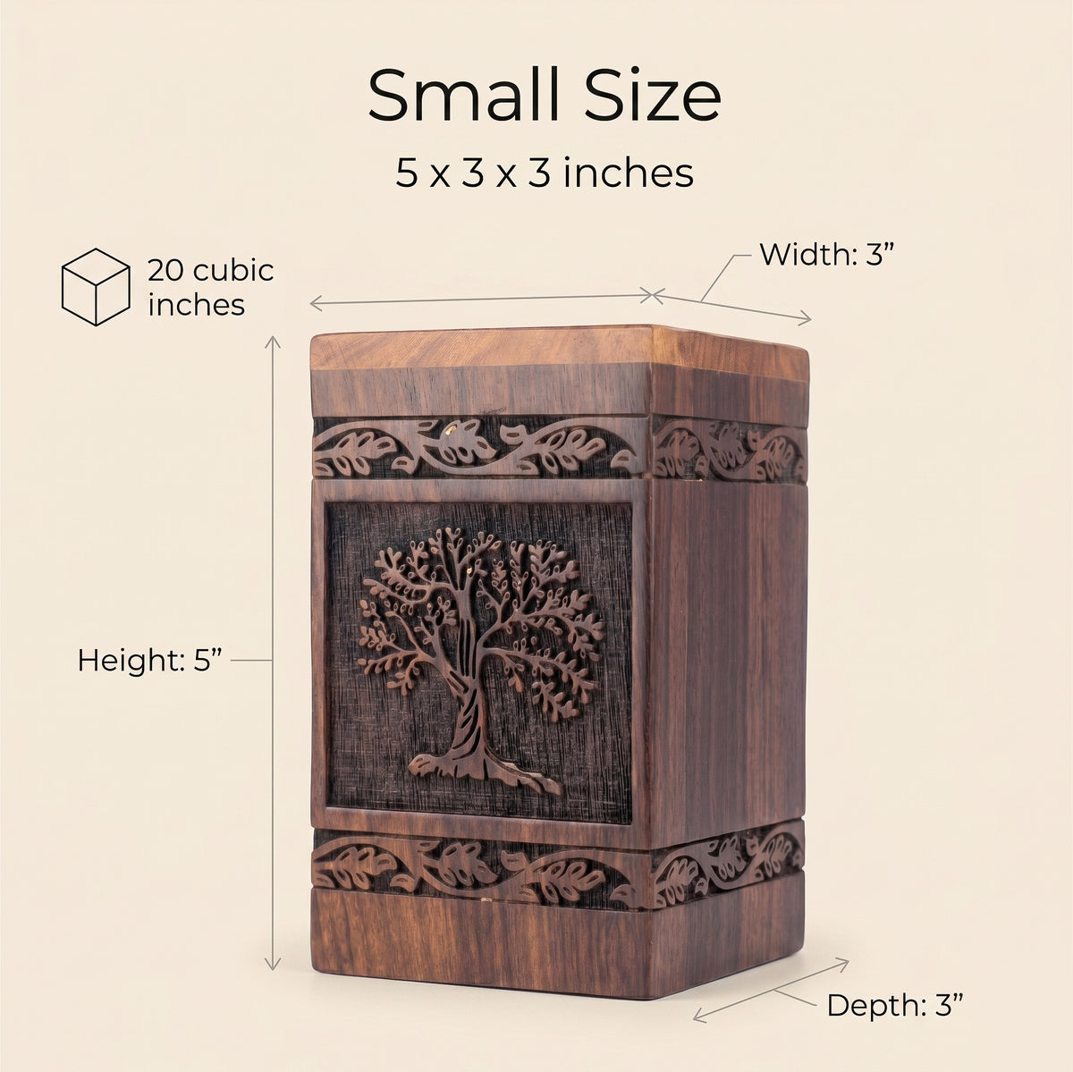 Tree of Life keepsake urn size chart showing 5 × 3 × 3 inches