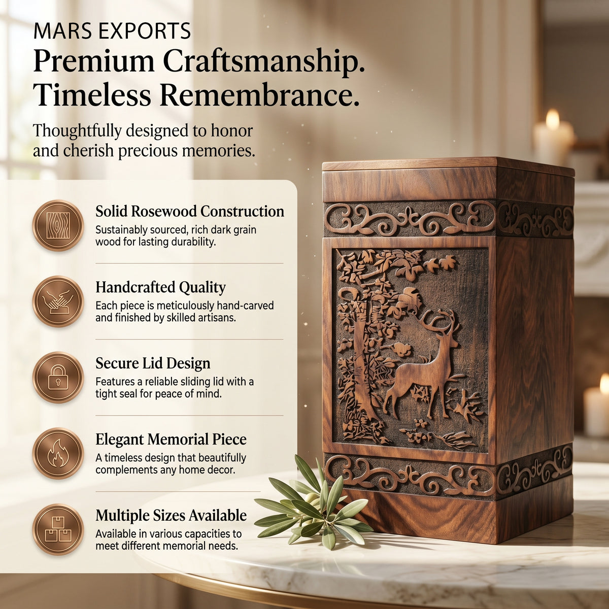 Engraved deer detail on a medium rosewood memorial urn
