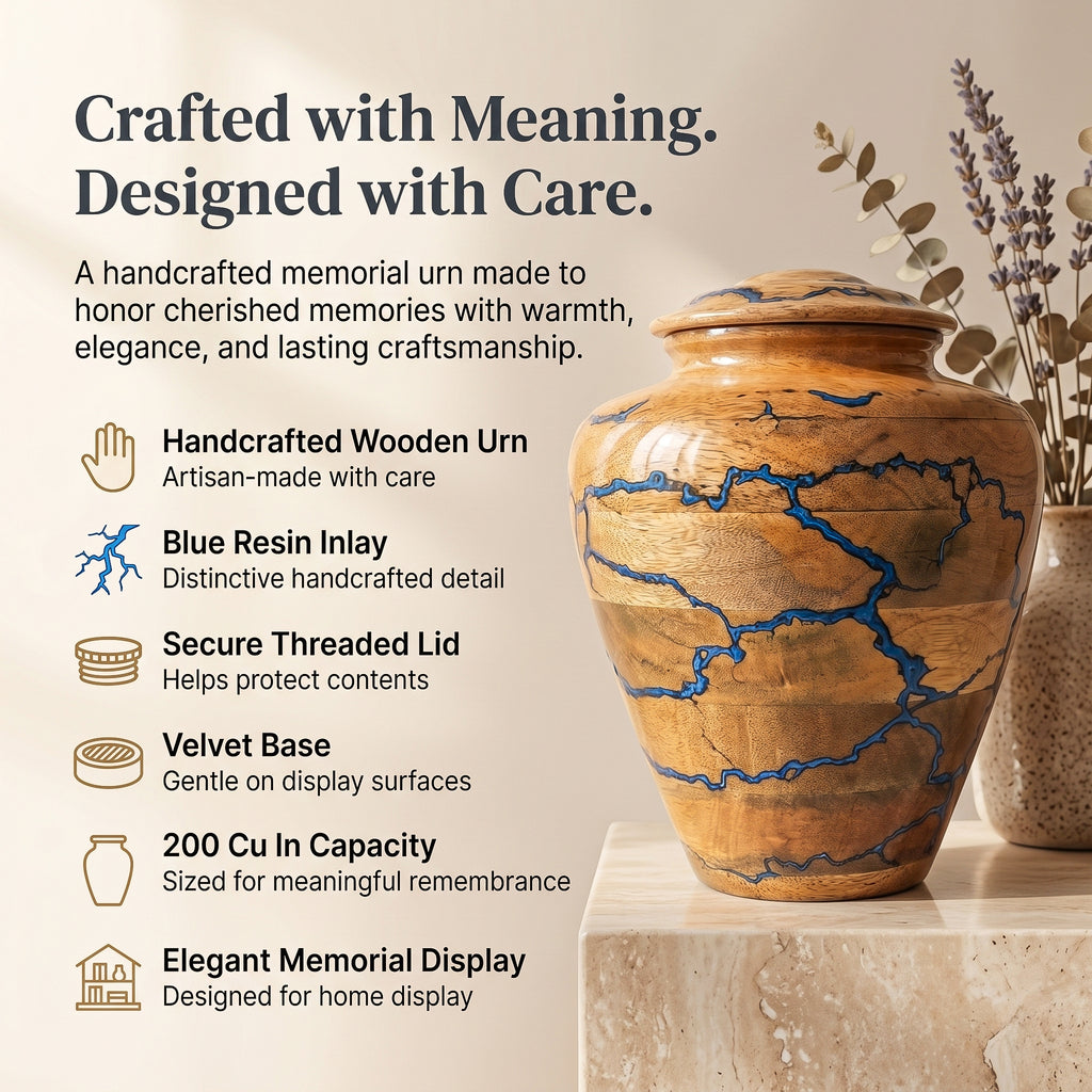 200 Cu In Wooden Memorial Urn with Blue Resin