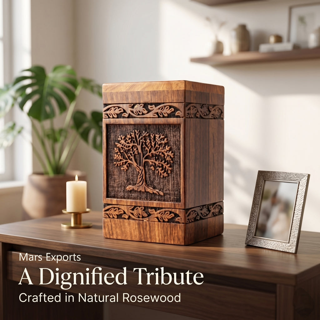 Wooden 180 cu in memorial urn displayed as a dignified remembrance piece