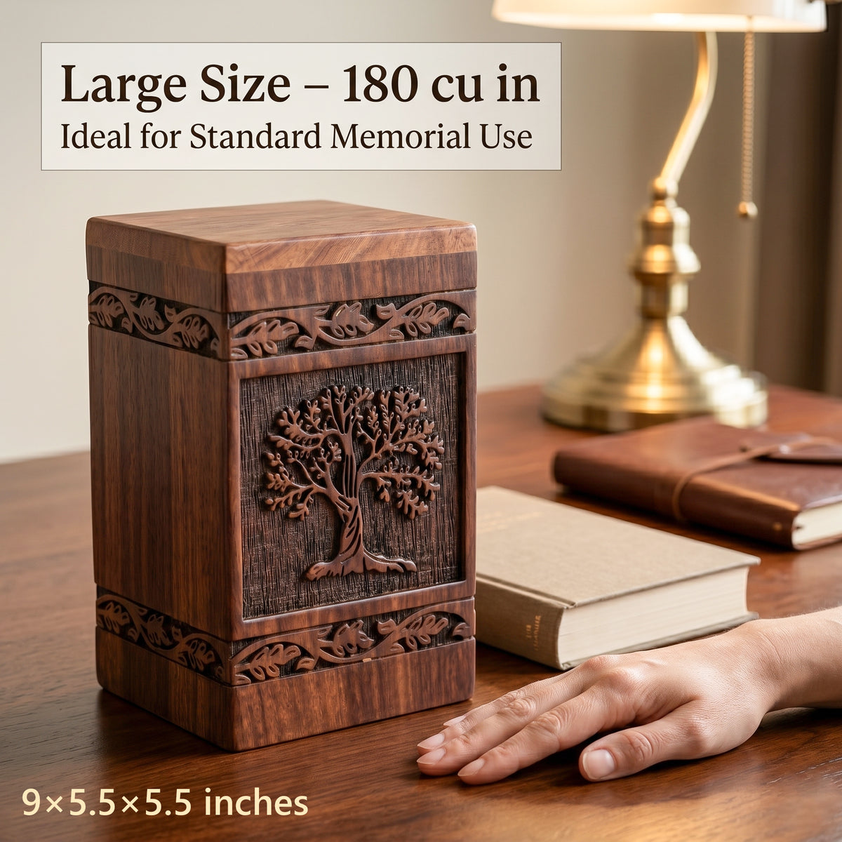 Handcrafted wooden urn for ashes with nature-inspired Tree of Life design