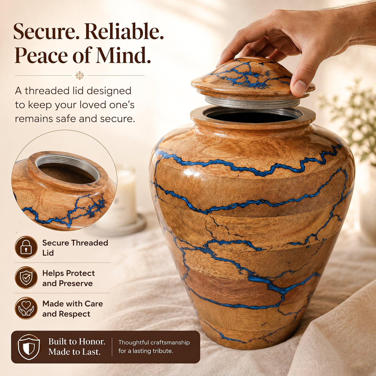 Natural wood cremation urn with blue resin and protective base