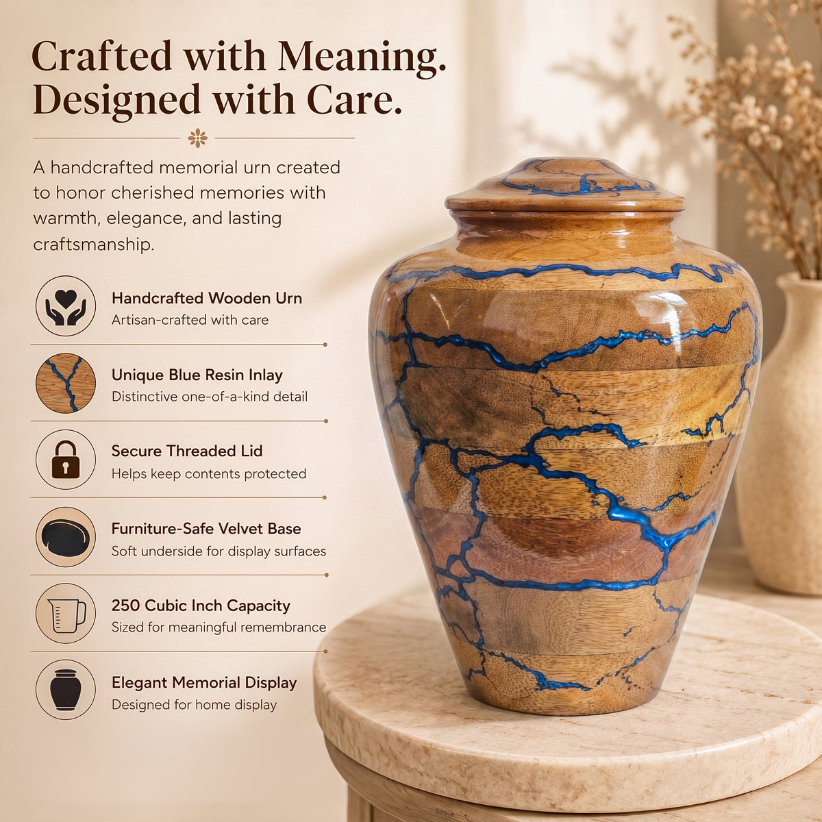 250 cubic inch urn displayed as a dignified remembrance piece