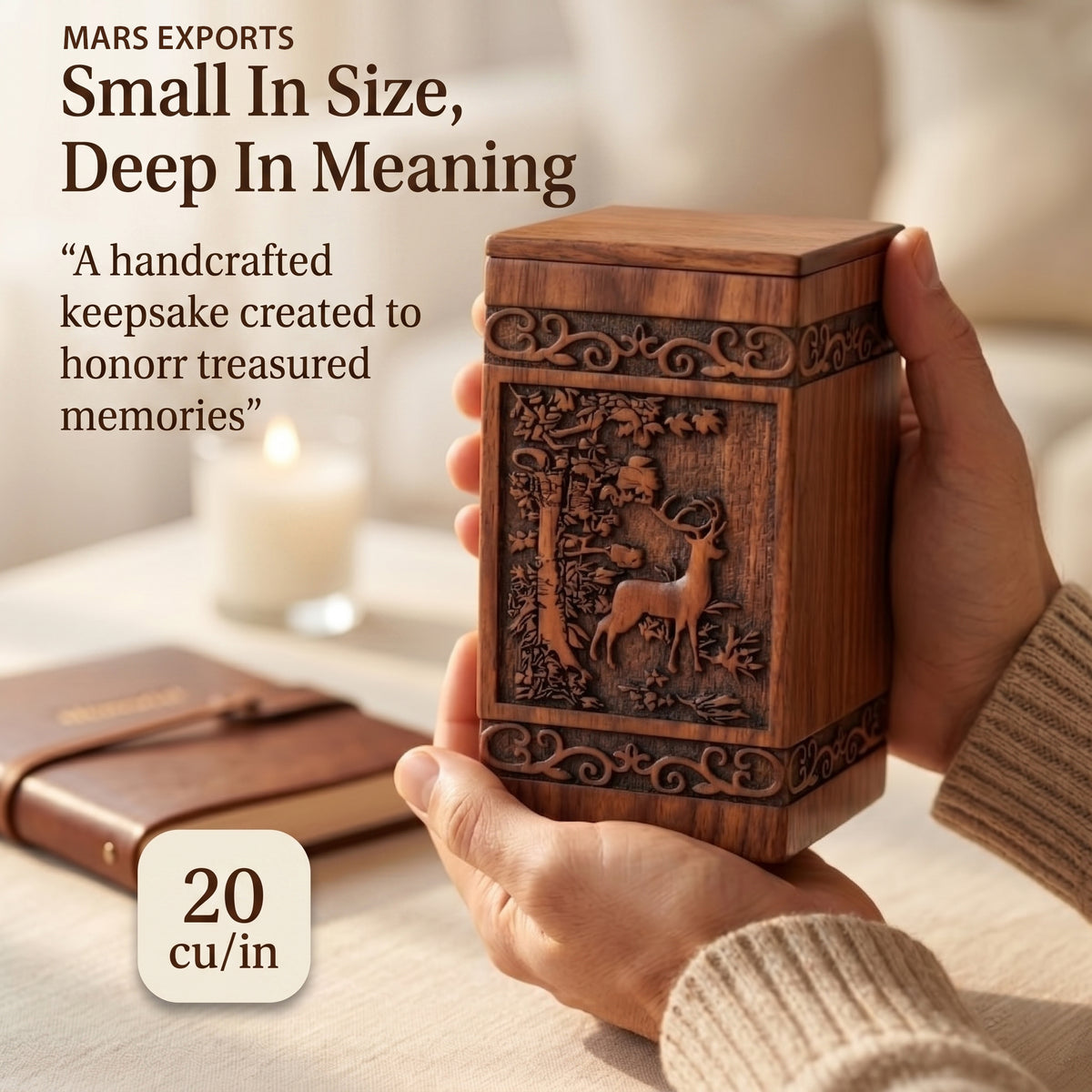 Rosewood deer memorial urn for preserving a small portion of ashes