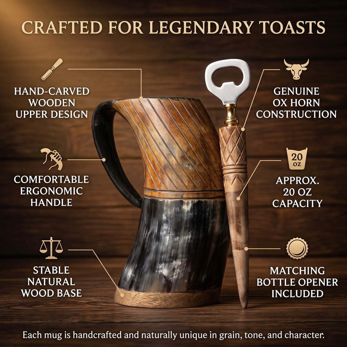 Carved Viking Horn Mug  With Bottl Opener– Natural Ox Horn with Burned Artwork