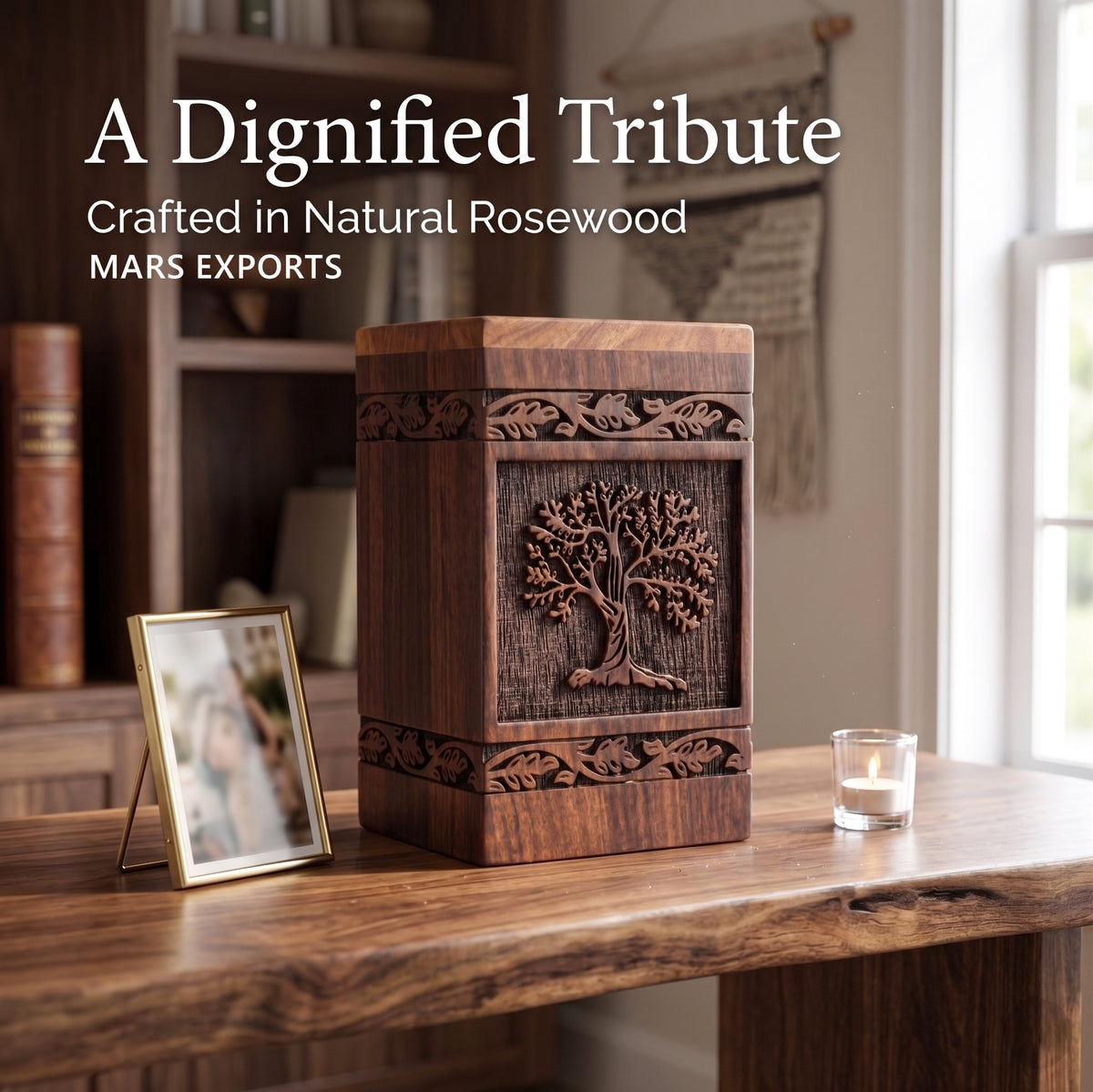 Square memorial urn for human ashes with natural wood grain