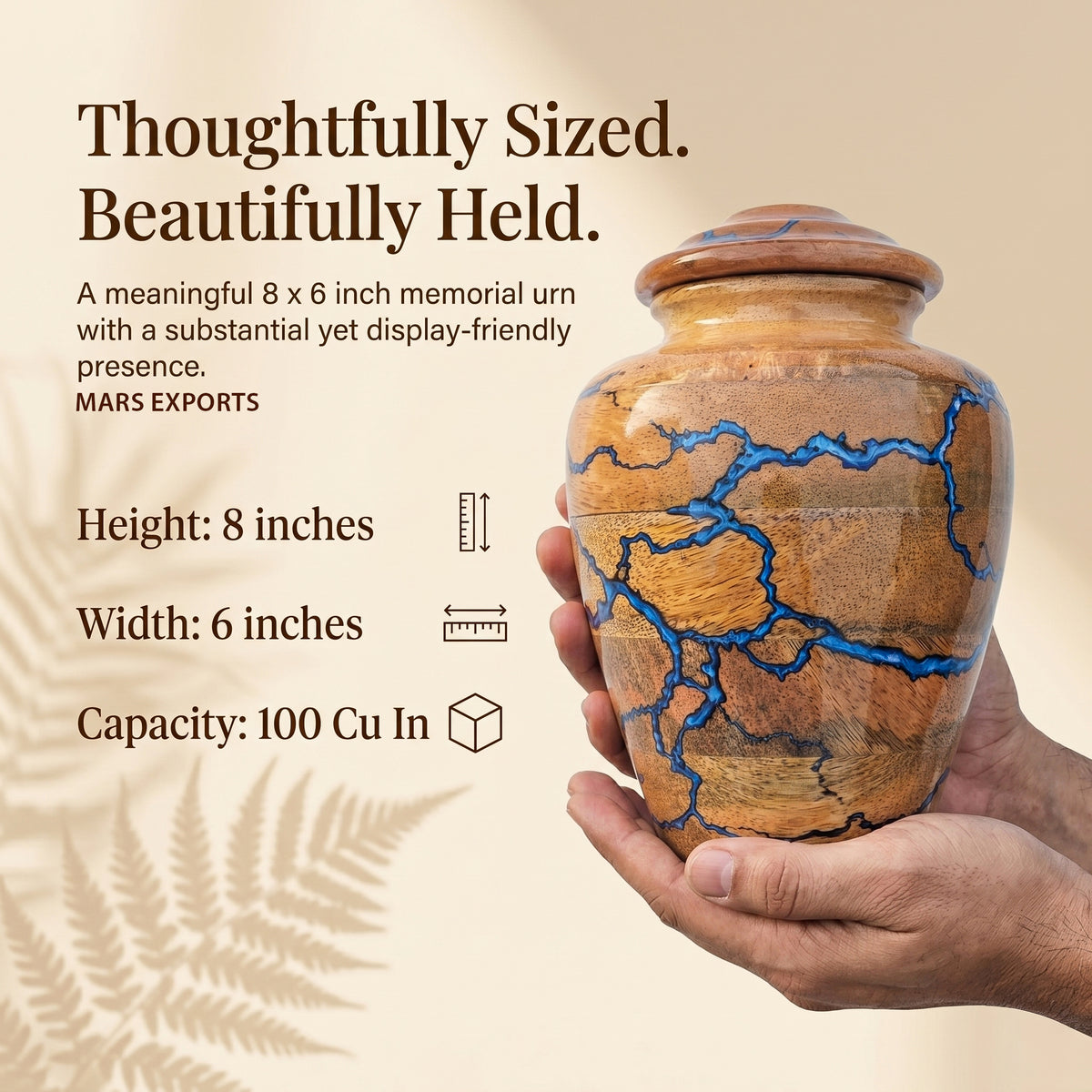 Blue resin urn approximately 8 inches high and 6 inches wide
