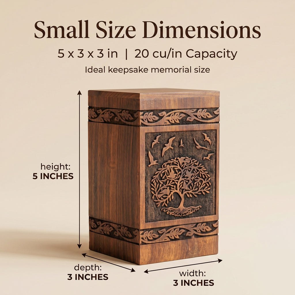 Handcrafted 20 cu in urn with symbolic Tree of Life and birds motif