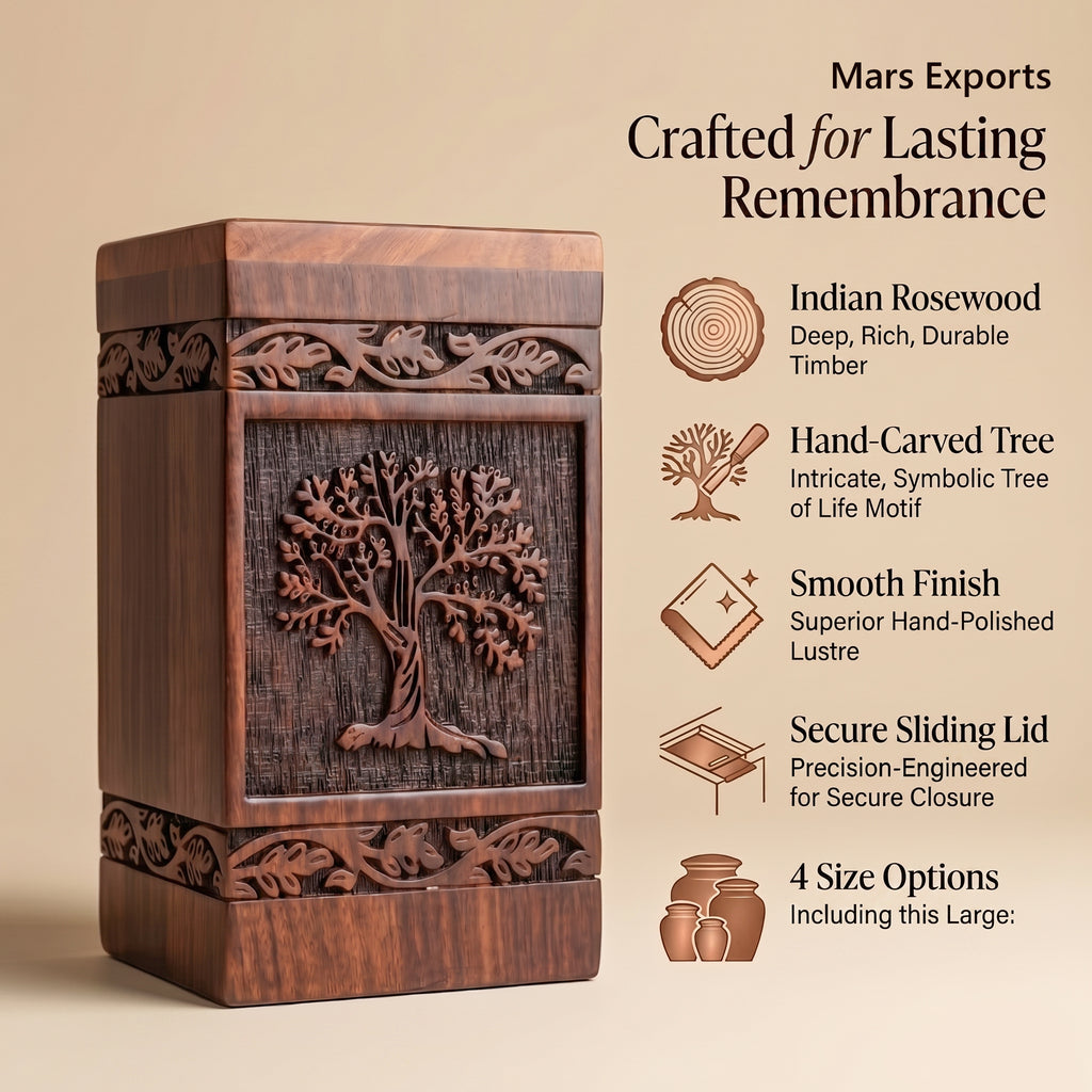 Large wooden memorial urn with natural grain and decorative detailing