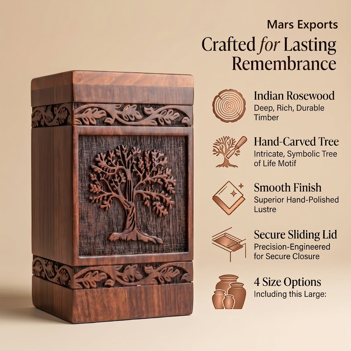 Large wooden memorial urn with natural grain and decorative detailing
