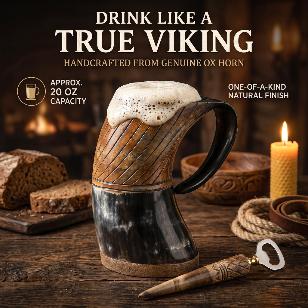 Carved Viking Horn Mug  With Bottl Opener– Natural Ox Horn with Burned Artwork