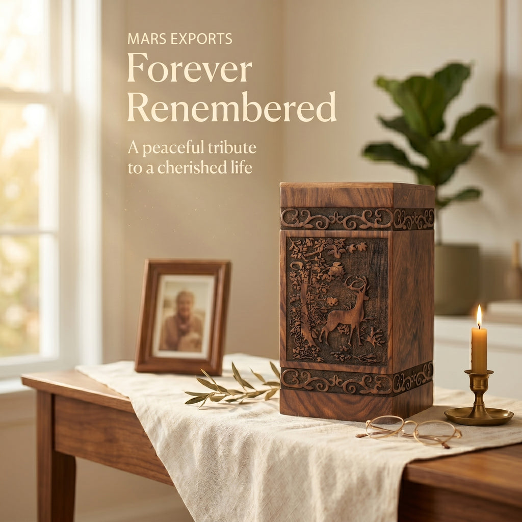Large-capacity rosewood memorial urn featuring an engraved deer