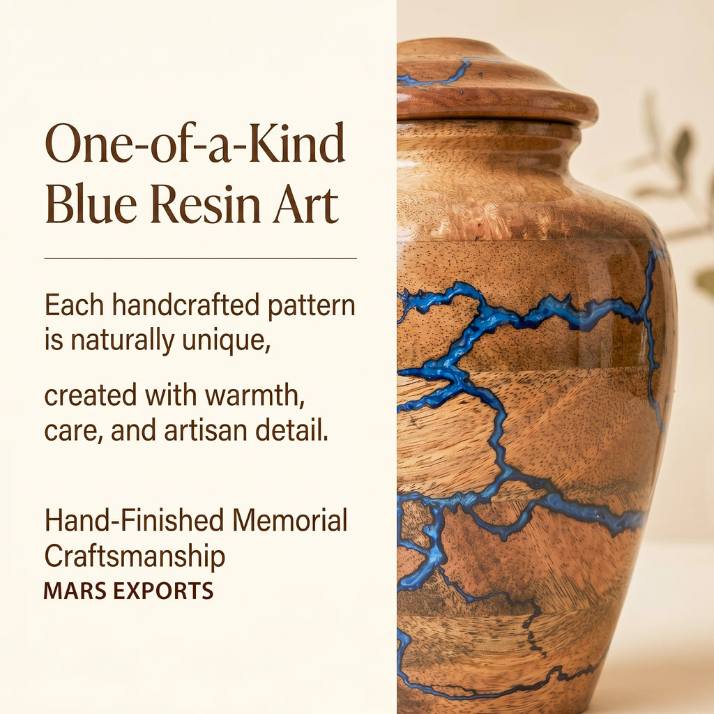 Handcrafted wooden urn with distinctive blue resin lightning inlay
