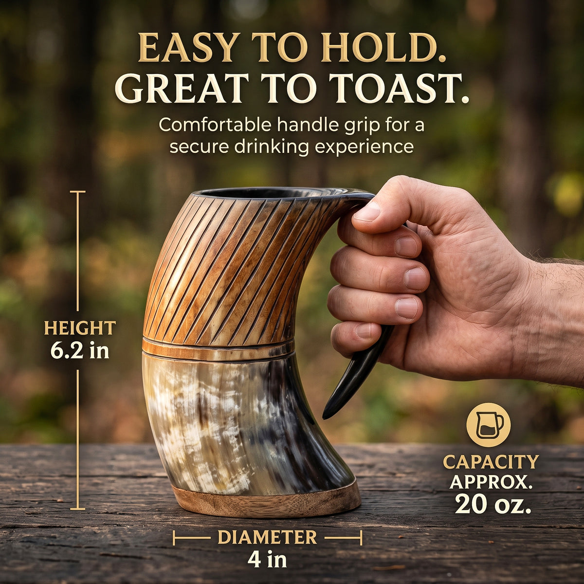 Carved Viking Horn Mug  With Bottl Opener– Natural Ox Horn with Burned Artwork