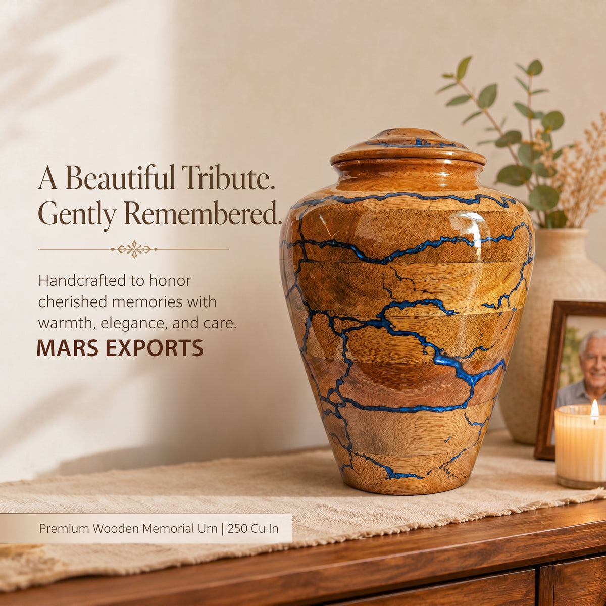 Close-up of unique blue resin pattern on wooden memorial urn