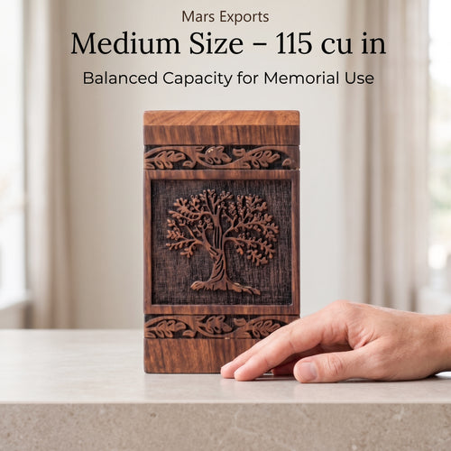 Medium square cremation urn with detailed Tree of Life motif