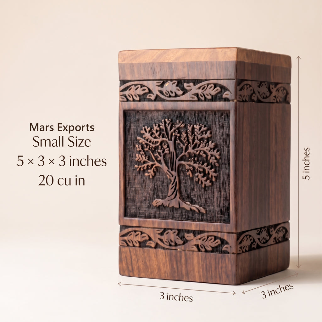 Small square wooden urn for ashes with handcrafted Tree of Life design