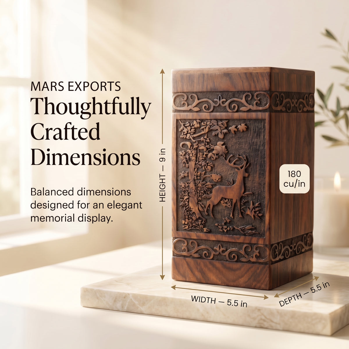 Large wooden cremation urn with deer engraving and natural rosewood grain