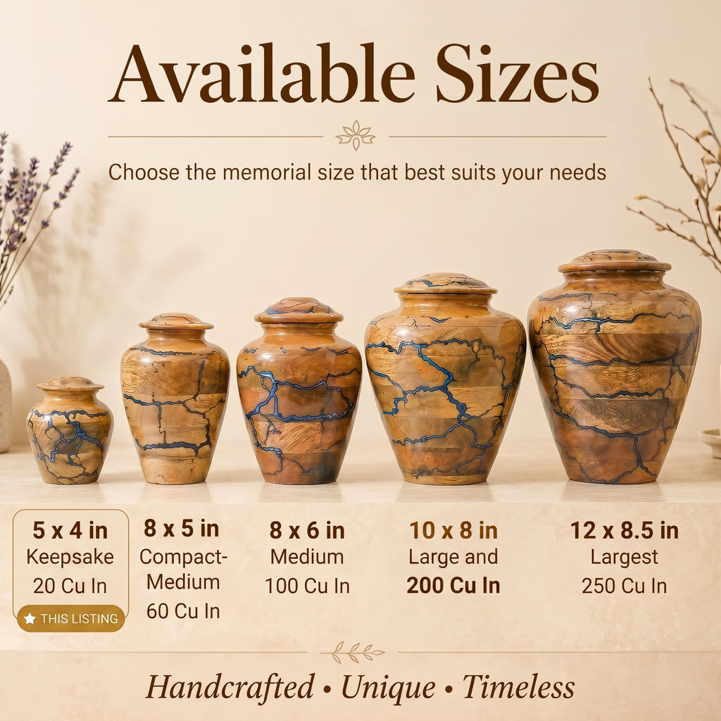 Handcrafted mango wood keepsake urn with unique resin pattern