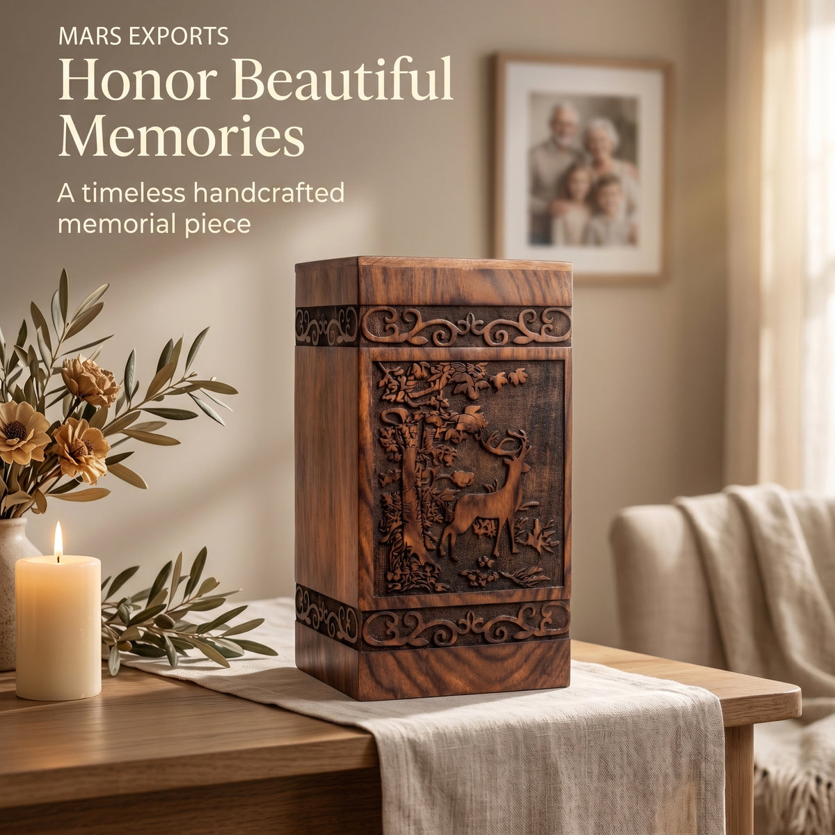 Natural wood keepsake urn for ashes with engraved woodland deer design