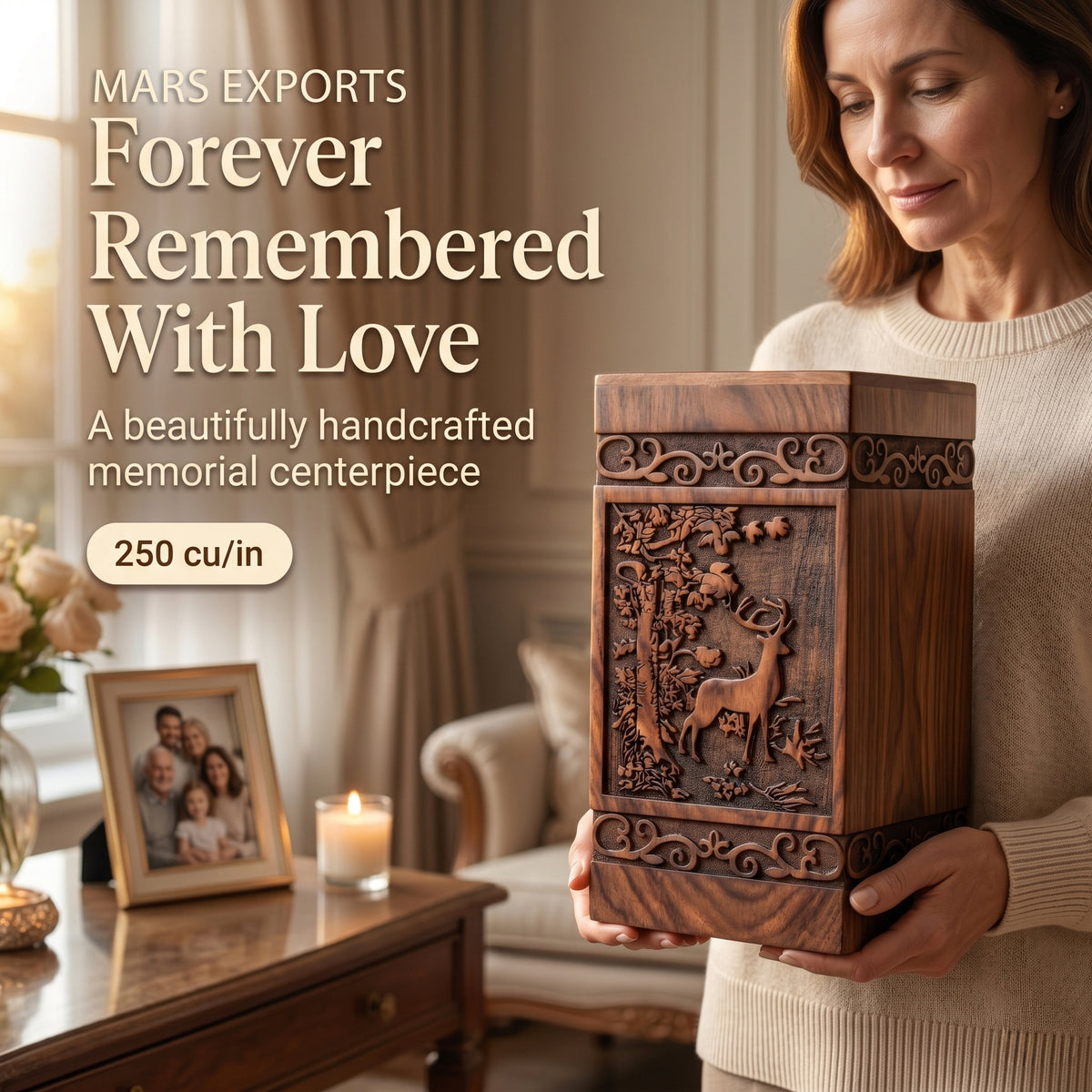 Rosewood deer urn displayed as a dignified remembrance memorial
