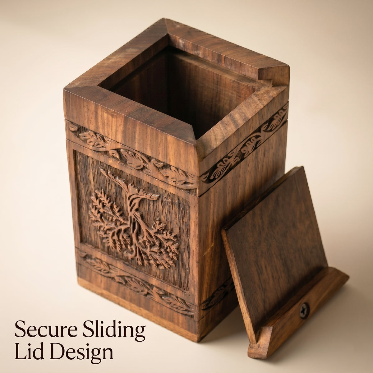 Compact square urn for ashes with natural wood grain and leaf borders