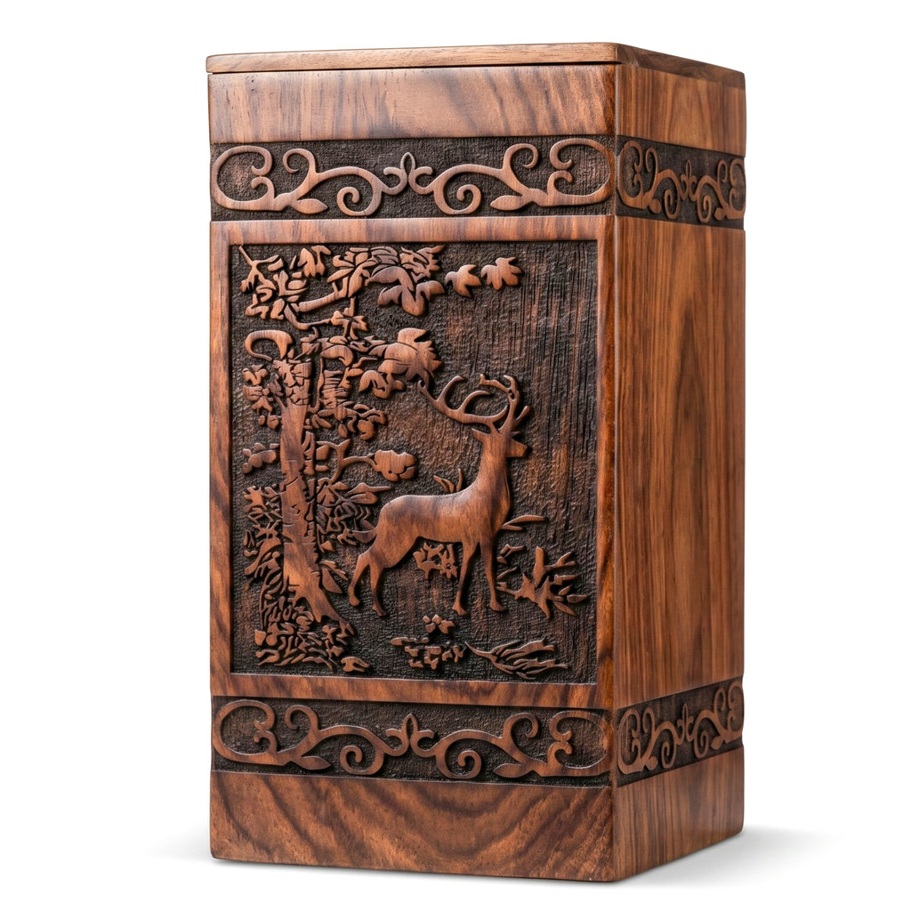 180 cubic inch rosewood memorial urn for ashes with engraved deer design