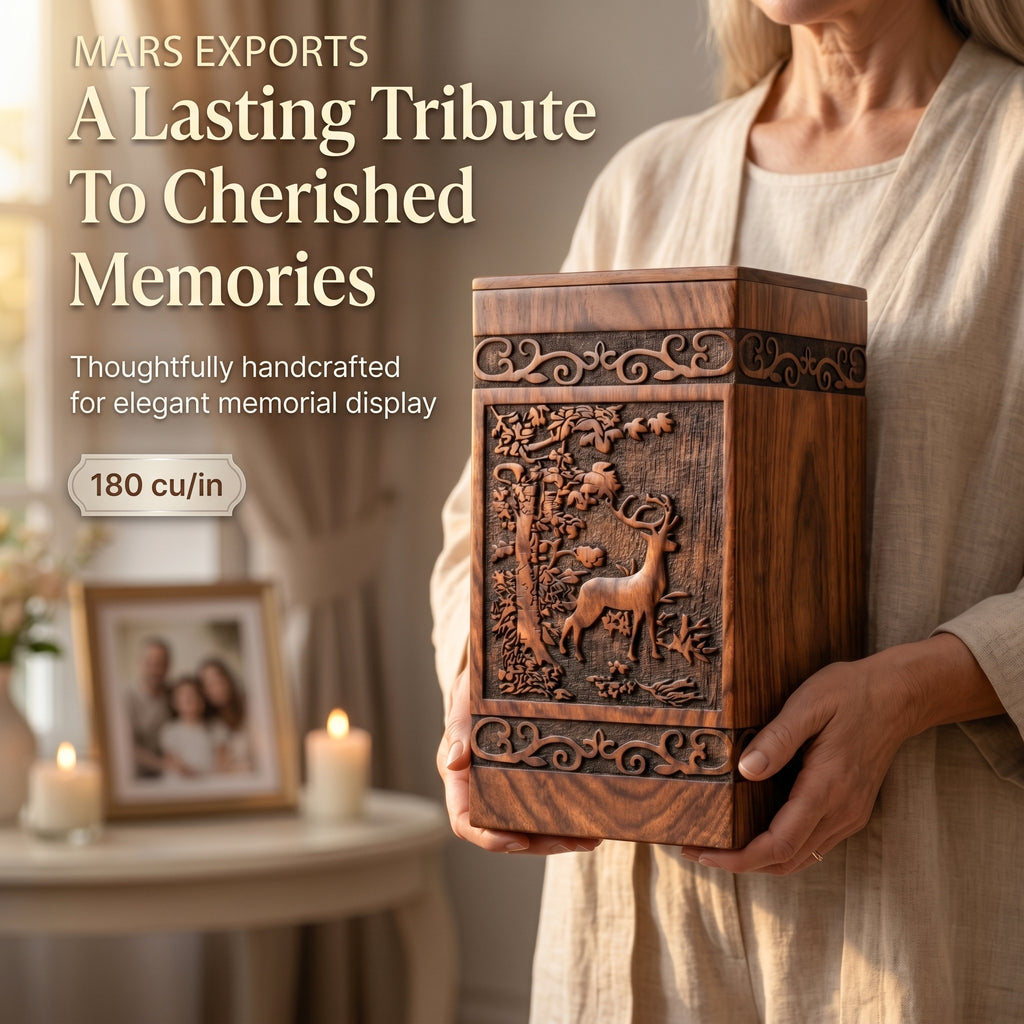 Large rosewood memorial urn featuring an engraved deer