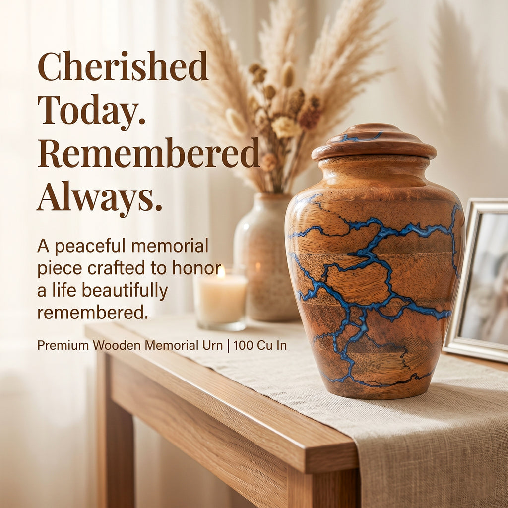 Natural wood cremation urn with blue resin and velvet base